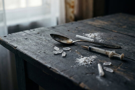 Drug abuse and addiction concept with a syringe, spoon, and narcotics on a dark table
