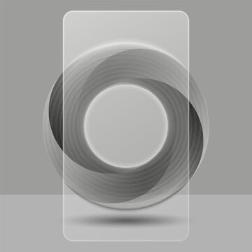 Circular swirl shape with monochrome morphism effect 3d geometric design featuring a swirling ring shape behind a phone shape transparent glass panel on gray background.