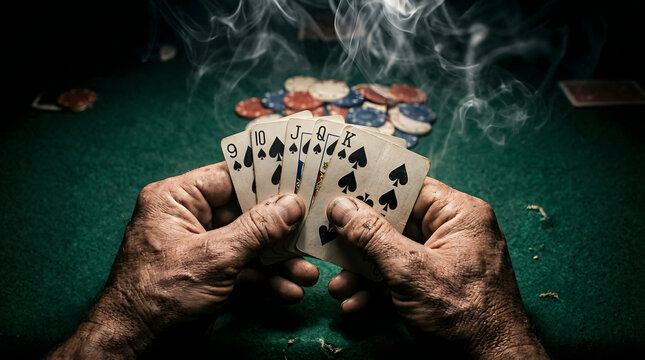 Close-up of weathered hands holding a winning straight flush poker hand in a dark smoky underground casino with vintage gambling chips