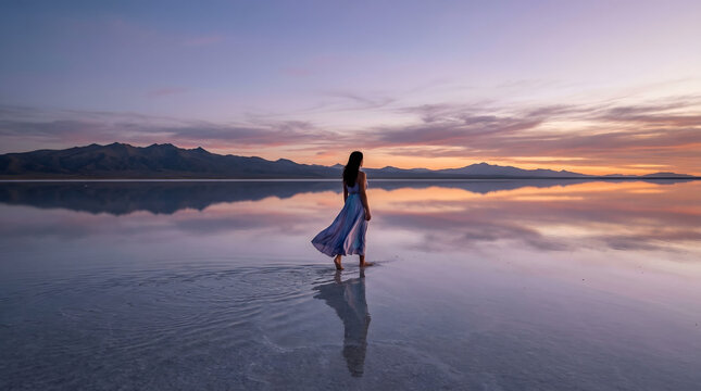 Ethereal view of a woman in a flowing dress walking across a reflective salt flat during a colorful purple and pink sunset with mountains.