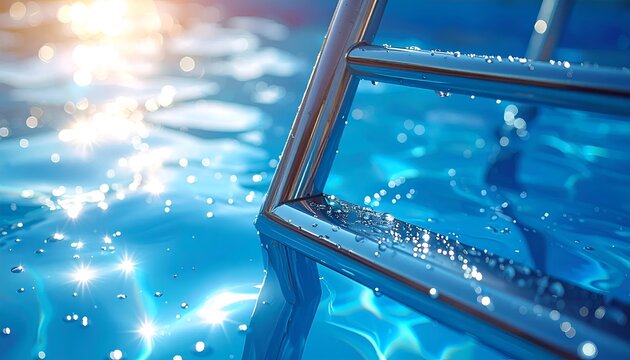 Close-up of a shining metallic pool ladder descending into sparkling blue water with bright sun reflections and glistening bokeh.