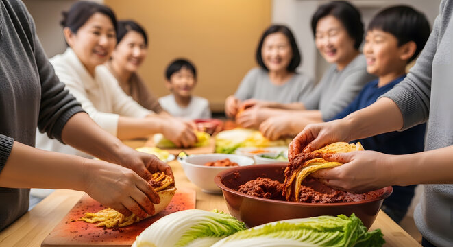 Large community gathering of people rubbing spice paste into fresh cabbage leaves at a table