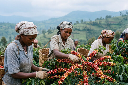 African women farmers harvesting ripe red coffee beans on a lush plantation in ethiopia