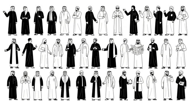 Diverse group of men in traditional Middle Eastern attire, standing together.