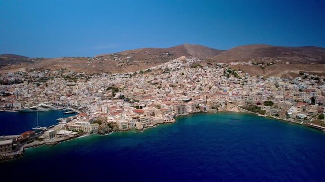 Panoramic aerial view of ermoupoli, the capital of syros and the cyclades islands in greece