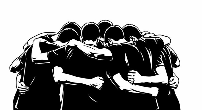 A group of people huddled together in a tight circle, united and supportive.