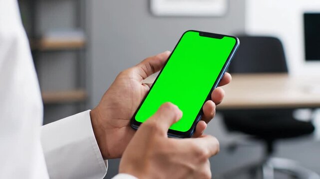 Close-up of hands holding a modern smartphone with a green screen, perfect for digital content, app demonstrations, and interactive communication in a professional setting