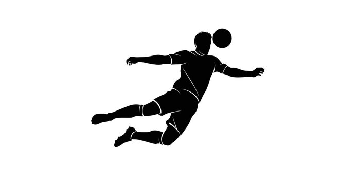 A soccer player is jumping to head the ball in a dynamic pose.