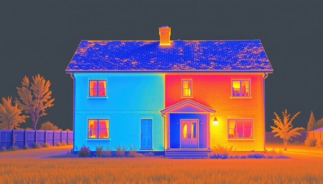Thermal image of a two-story house showing heat distribution on walls, windows, and roof.