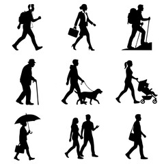 Fototapeta premium A collection of nine black silhouettes depicting various people walking, including a hiker, businesswoman, elderly man, dog walker, parent with stroller, and a couple.