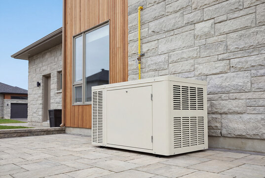 A modern home backup generator installed outside a house for emergency electrical power supply