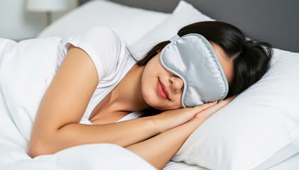 Obraz premium Serene Slumber: A peaceful young woman lies in a comfortable bed, adorned with a sleep mask, signifying tranquil rest. Embodying serenity and peaceful relaxation