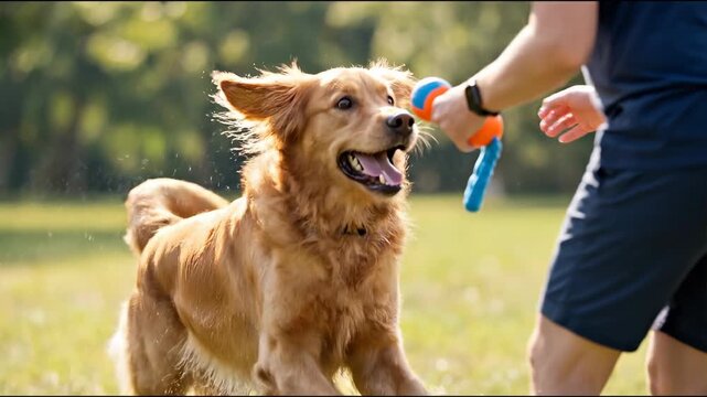 A dog expresses excitement with eyes concept. Happy golden retriever dog playing fetch with owner in sunny park with water droplets
