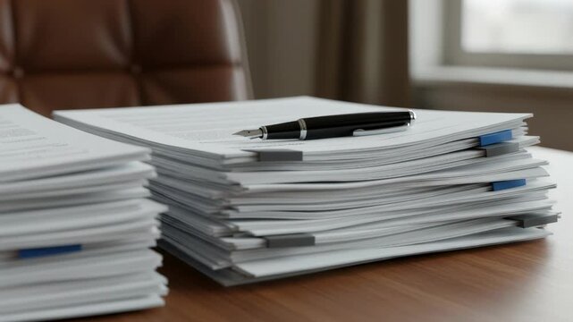 Stack of mortgage forms and income statements partially out of focus while a pen rests on the highlighted section in sharp detail.