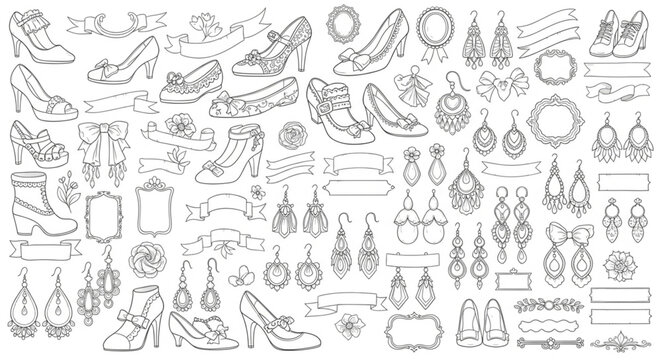Elegant jewelry collection - earrings, rings, and high heels, a fashion illustration.