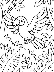 Obraz premium Flying Parrot in Lush Jungle: A vibrant parrot soars through a dense jungle canopy, its feathers outstretched against a backdrop of lush foliage, a symbol of freedom.