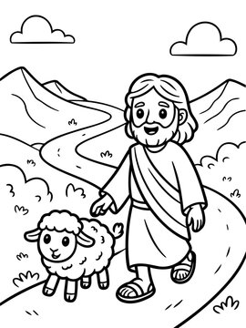 The Shepherd's Journey: A benevolent figure, walks beside a gentle sheep along a winding path, a symbol of guidance and compassion, set against a backdrop of rolling hills and fluffy clouds.