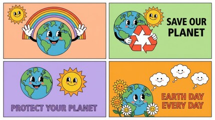 Fototapeta premium Set of earth day posters with cute cartoon globe and sun