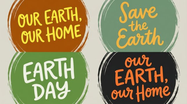 Set of four earth day circular badges with handlettered slogans