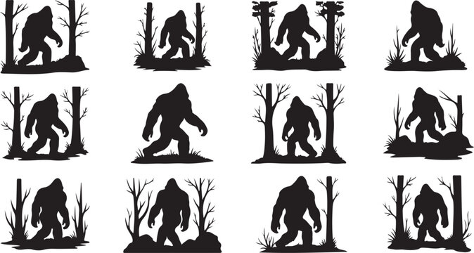 Bigfoot silhouettes in various forest settings and poses collection