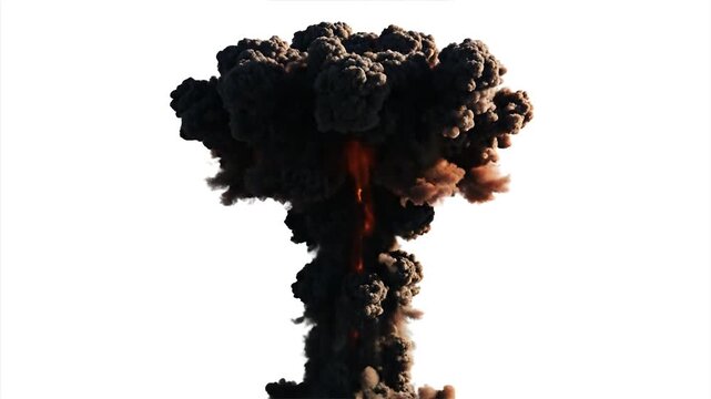 Massive fiery explosion with dark smoke plume rising into the sky on a white background.