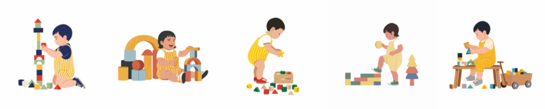 Collection of diverse toddlers playing with colorful wooden building blocks, showcasing early childhood development and creative educational playtime activities.