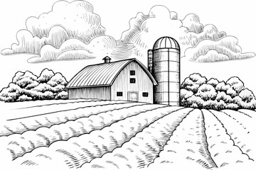 Vintage style illustration of a farmhouse silo and cultivated fields © Shuvra Majumder