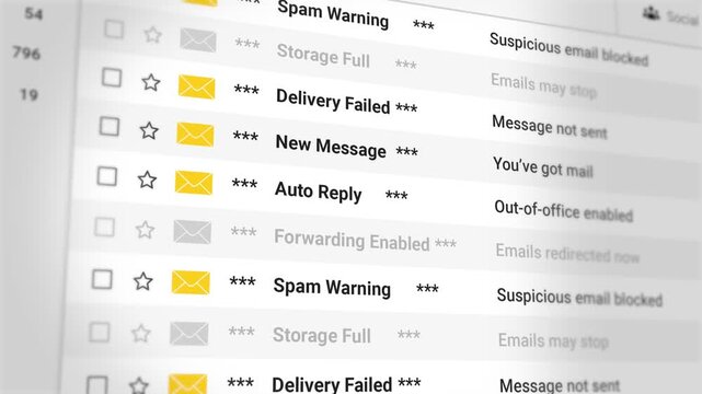 Random Email Scrolling List. Mixed Inbox Messages, Spam, Notifications, Alerts, Promotions, Updates. Random Email Inbox View on White Background. 4K 2D Video Animation