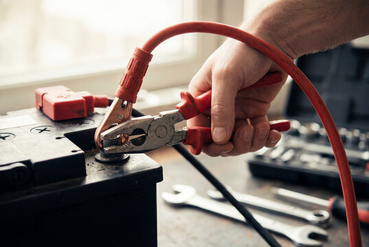 Mechanic connecting a red booster cable to a car battery terminal with pliers