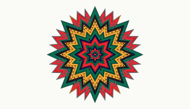 Traditional Ethiopian Habesha Pattern Vector Geometric Mandala Star with Green, Red, and Yellow Accents.eps