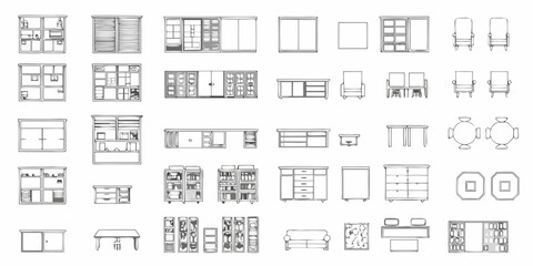 Architectural plan view of various furniture and interior elements © Shuvra Majumder