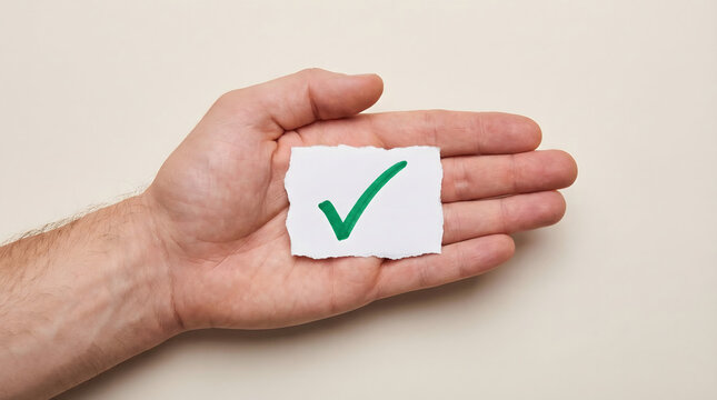 A fair skinned persons hand holds a small torn white paper with a bold green check mark on a plain neutral background in bright even light showing agr