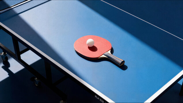 A red table tennis paddle with a white ping pong ball rests on a blue professional tennis table under sharp afternoon shadows.