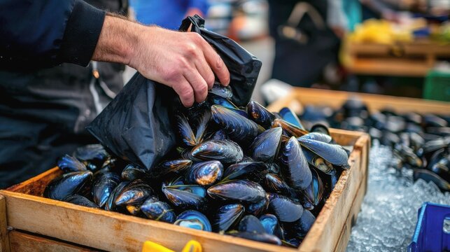 A fresh market scene. A person's hands (farmer's market bag in one) are selecting fresh, live mussels from a large, ice-filled wooden crate