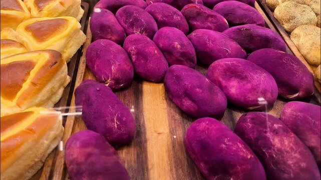 A bakery display case filled with various types of bread  
