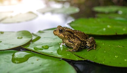 Obraz premium A small toad sits serenely on a lily pad in a tranquil pond