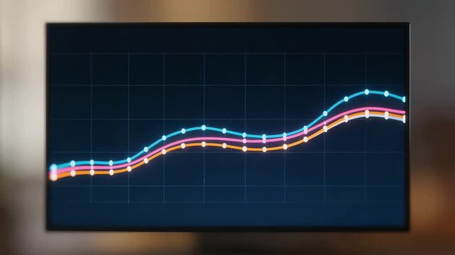 Medium shot of a vibrant dashboard showcasing search volume trends in dynamic line charts with sharp focus and a blurred background for emphasis.
