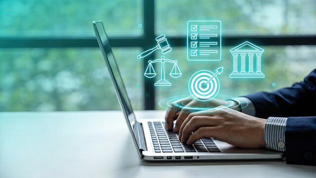 Businessman using laptop with holographic legal icons digital law concept online justice system legal tech innovation virtual court services modern attorney workspace smart