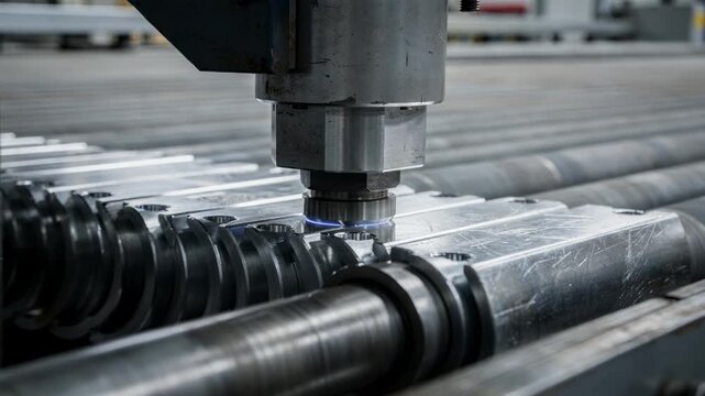 Medium shot showcasing alignment of metal blanks under the press head highlighting stamping action as blurred conveyor system moves in background.