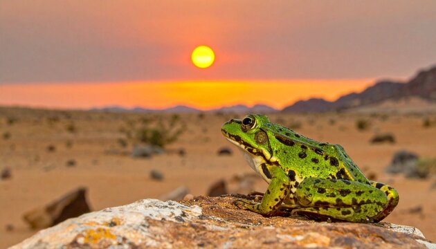 Frog, green, spotted, desert, rock, sitting, amphibian, animal, nature, landscape, sunset, sky, orange, glow, terrain, sandy, hills, mountains, distant, warm, light, contrast, unusual, ecological, sce