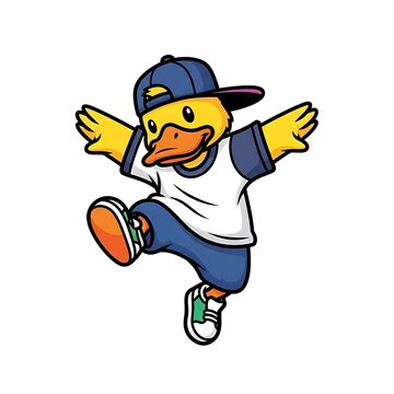 Playful cartoon duckling wearing a backwards cap, t-shirt, shorts, and sneakers, with arms outstretched in a celebratory pose
