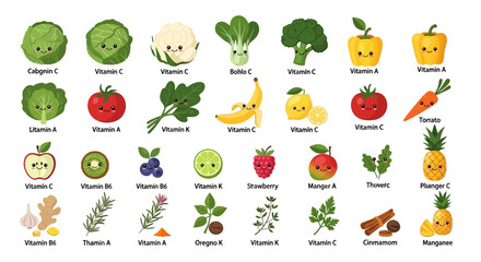 Fototapeta premium Cute cartoon fruits, vegetables, and herbs with vitamin labels, illustrating healthy food and nutrition for a balanced diet.