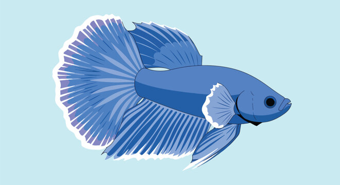 Blue Betta Fish Pixel Art Isolated On Light Blue Background