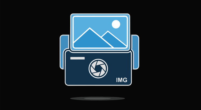 Blue Camera Icon Printing Photo With Mountains On Black Background