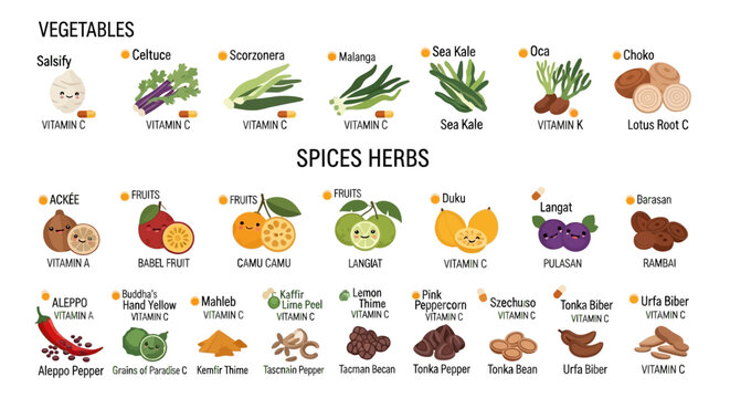 An infographic showcasing a variety of vegetables, spices, and herbs, detailing their names and some nutritional content like vitamins.