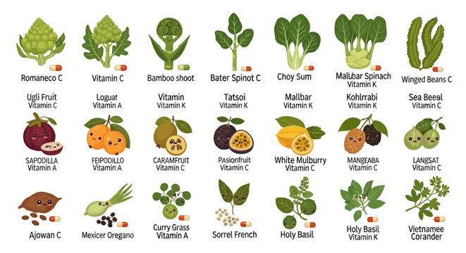 A comprehensive chart showcasing various fruits, vegetables, and herbs along with their respective vitamin content and nutritional benefits.