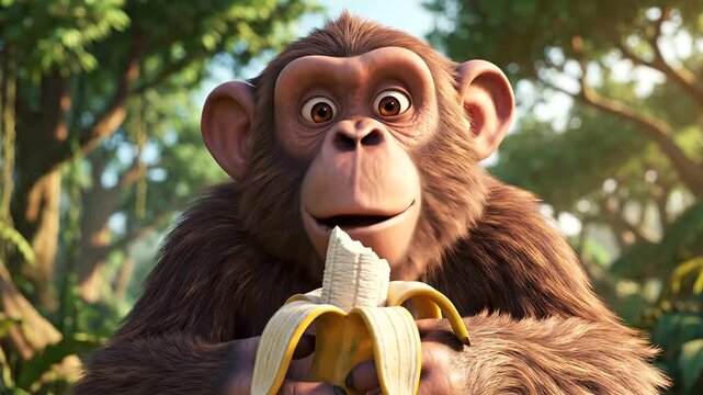 Monkey eating banana in forest.