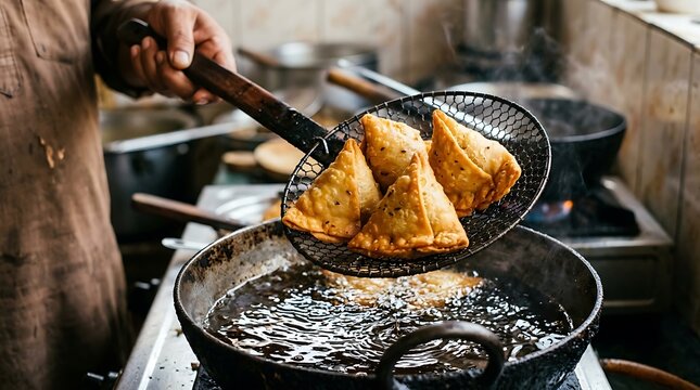 Crispy Indian Samosa Frying in Hot Oil Street Food Style &ndash; Great for Food Blog, Cooking Tutorial, Street Food Promotion and Cultural Content