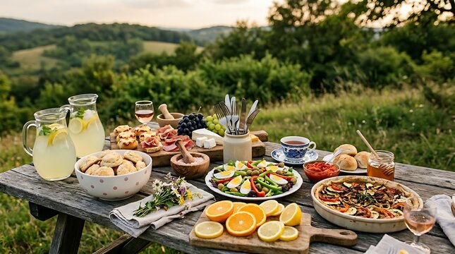 Outdoor Picnic Table with Fresh Food Drinks and Fruits in Nature &ndash; Perfect for Lifestyle Blog, Travel Content, Summer Promotion and Family Gathering Ads