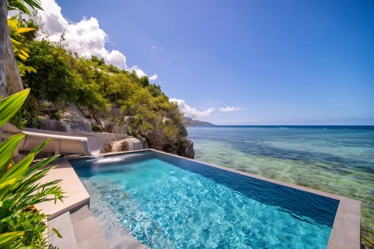 Tropical infinity pool with waterslide overlooking Caribbean Sea